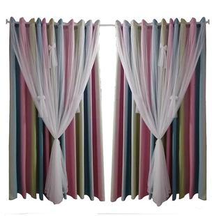 儿童房免打孔伸缩杆安装网红女孩房间窗帘遮光卧室女童公主风飘窗