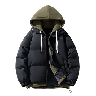 青少年黑色棉服男假两件上衣夹棉冬装男款2025新款冬男士加厚外套