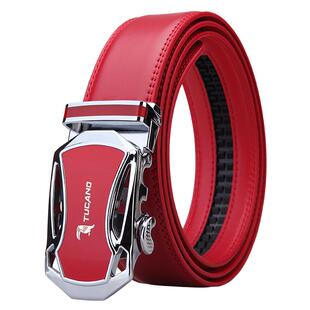 新款 啄木鸟红皮带男真皮本命年自动扣腰带 时尚男士牛皮红裤带潮