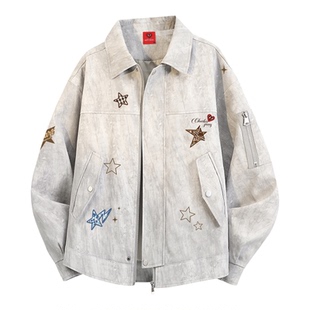 查尔斯桃心 美式高街扎染翻领夹克男春秋季宽松情侣百搭休闲外套