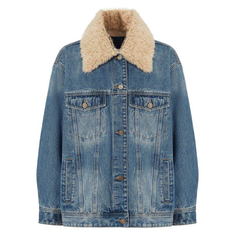商场同款 摩萨克冬新款棉休闲摩登毛毛翻领牛仔棉服外套女
