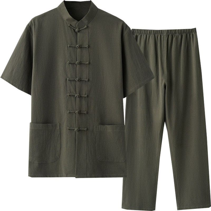 亚麻夏季中式唐装短袖套装中老年男士太极服中国风青年汉服两件套