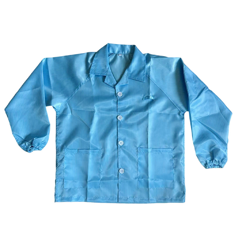 静电衣翻领无尘衣服纽扣分体工作服上衣短款网格女条纹防尘服套装