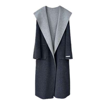 连帽拼色两穿双面羊毛大衣女中长款25年秋冬新款简约气质毛呢外套