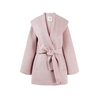 秋水伊人气质大翻领浴袍式大衣2025冬季新款女系带收腰全羊毛外套