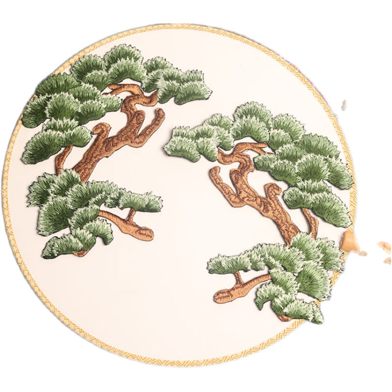 对称松树刺绣布贴大小号中国风衣服补丁贴修补金银绿色背胶可熨烫