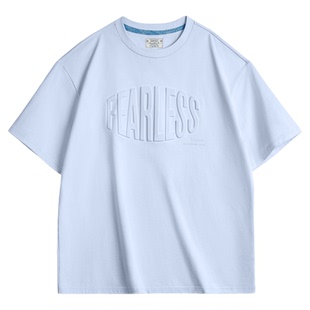 马登工装美式休闲3D印花纯棉钢印T恤淡蓝透气宽松高街短袖男春夏