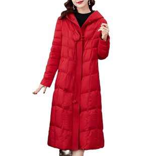 高端红色时尚洋气白鹅绒中长款羽绒服女2025新款冬季过膝连帽外套