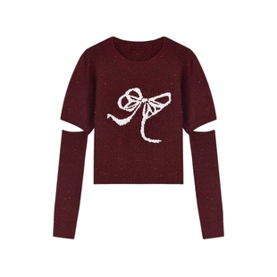 秋水伊人袖套毛针织衫2025年春季新款简约通勤慵懒圆领蝴蝶结上衣