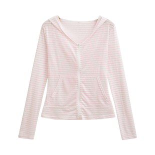 YoungGirlDay纯欲慵懒风连帽拉链修身条纹薄款防晒休闲外套上衣女