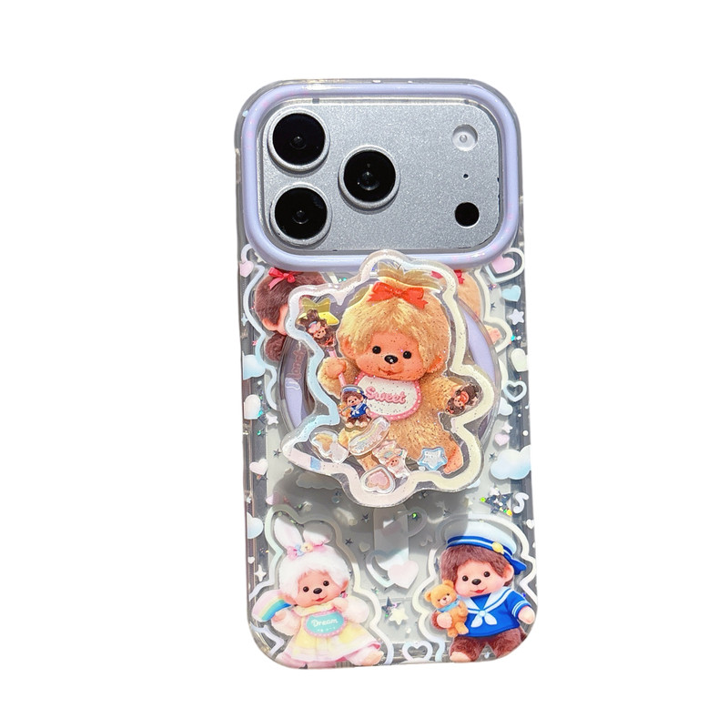 爱心细闪蒙奇奇磁吸支架链条适用iphone苹果17promax可爱16pro小众15少女14卡通13时尚包相机键双层IMD手机壳