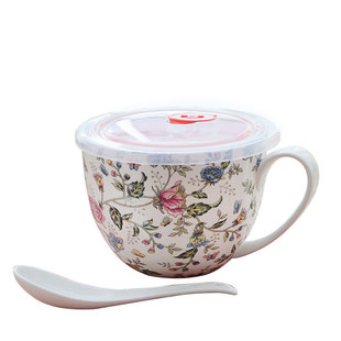 带盖大容量骨瓷杯密封杯保鲜杯大号陶瓷早餐杯汤杯麦片家用牛奶杯