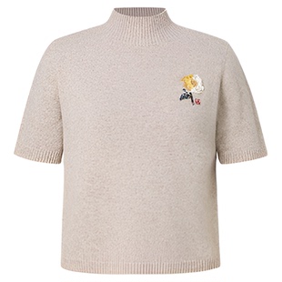 HUI卉100%绵羊毛蜜合色玉兰半高立领短袖亮片管珠针织打底衫毛衫