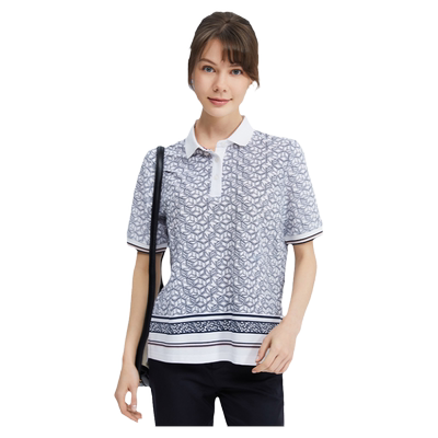 波顿女士2025春夏季新款蓝白色印花条纹POLO衫高端休闲上衣