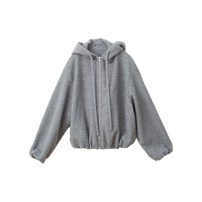 忘城H1415座/中途站/冬款羊毛混纺浅花灰连帽卫衣开衫加厚外套女