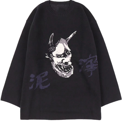 -EvanXX 原创暗黑风毛衣般若鬼脸纯羊毛衫日系毛衣