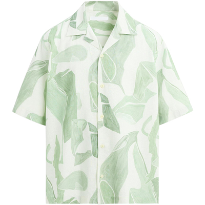 西班牙单！抽象印花棉麻短袖衬衫