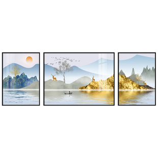 客厅装饰画沙发背景墙挂画轻奢高级感旭日东升山水画三联2025新款