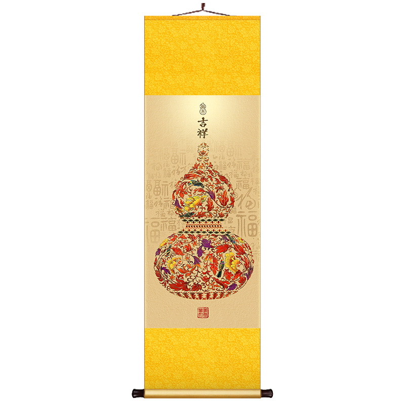 花瓶葫蘆卷軸掛畫新中式入戶玄關(guān)裝飾畫福祿吉祥圖客餐廳書房壁畫