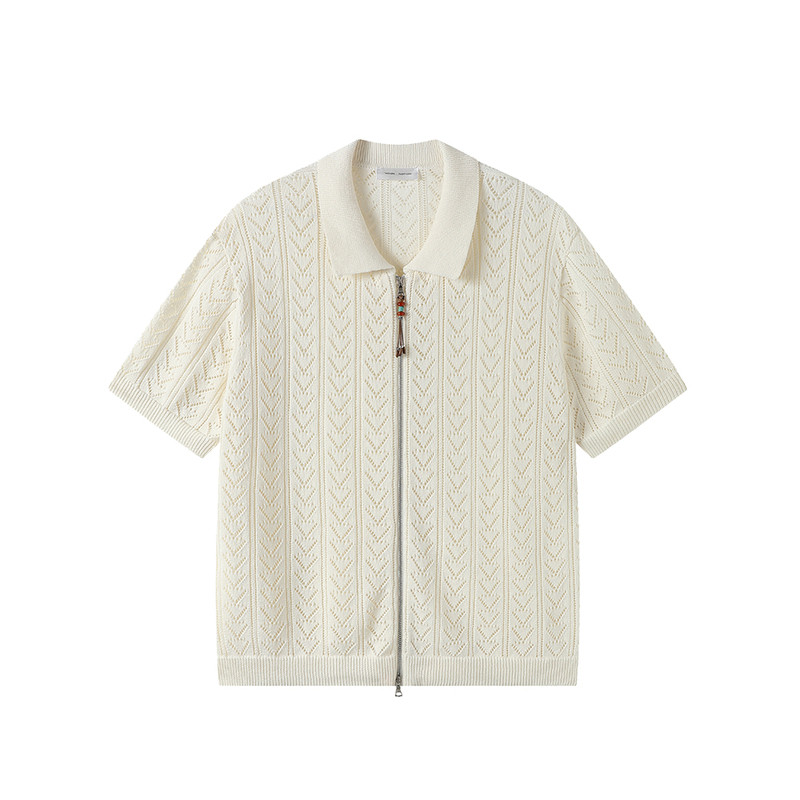 WHIMNOTION 26SS「日产和纸纱」手工串珠拉链镂空透气短袖针织衫