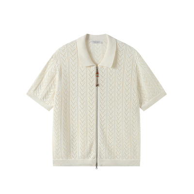 WHIMNOTION 26SS「日产和纸纱」手工串珠拉链镂空透气短袖针织衫