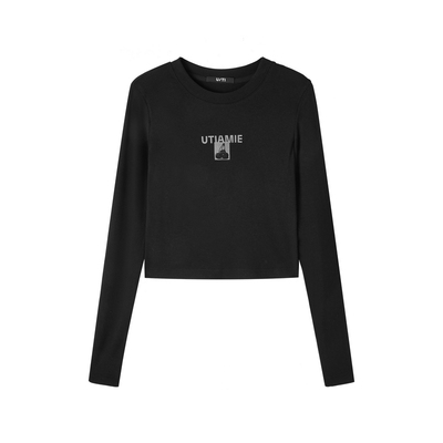 U/TI黑色圆领棉感长袖T恤女装 百搭修身显瘦休闲尤缇2025春季新款
