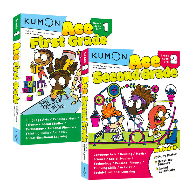 Kumon Ace First Grade Second Grade 公文式教育 1-4年级 全能练习册 英语语言 阅读 数学 科学 小学课外提升教辅 英文原版进口