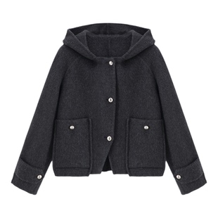 Basic House/百家好26连帽双面呢外套绵羊毛单排扣毛呢大衣女冬季