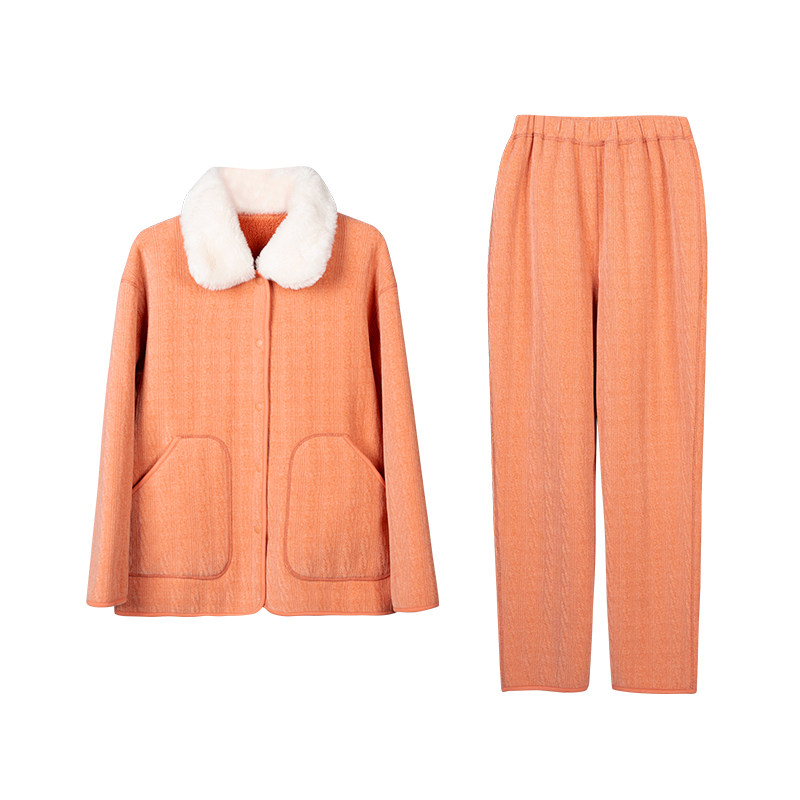 橙线睡衣女套装秋冬款雪尼尔双面穿风情麦穗暖兔绒领家居服E64009