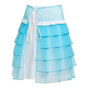 cheap art label路过的鱼也想游两下 蓝色渐变网纱围裹式百褶半裙