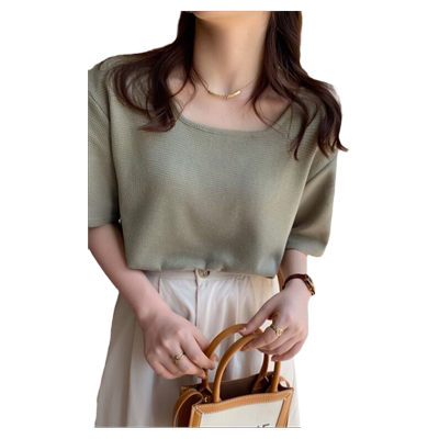 方领正肩半袖T恤女华夫格早春