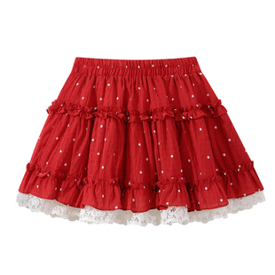 红色韩系气质蛋糕短裙2026春夏新款雪纺蕾丝拼接半身裙女裙子