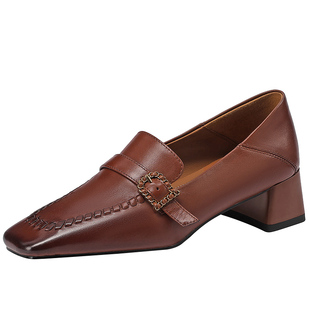 质感水洗牛皮英伦风一脚蹬乐福鞋皮带扣中跟通勤粗跟真皮小皮鞋女