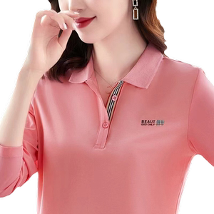 秋季长袖POLO领上衣2024年时尚妈妈装宽松休闲运动百搭大码T恤女