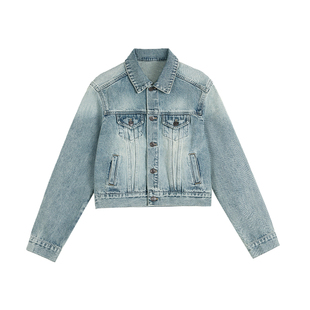 Maven Lin 骨感立体洗水粗斜纹牛仔外套短款女秋季小众翻领上衣