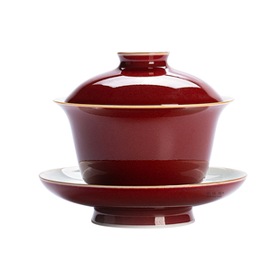 耕道堂霁红釉优品-春风得意三才盖碗釉霁红色釉功夫茶具婚礼敬茶