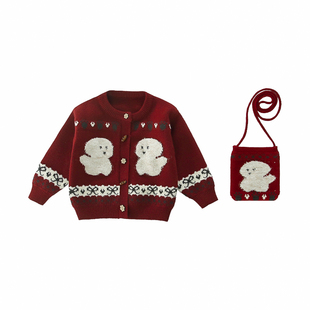 女童毛衣开衫2026新款女宝宝春季洋气小狗红色上衣圆领针织衫外套