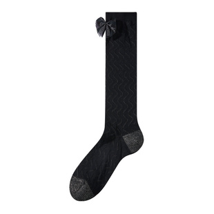 学院风波浪纹蝴蝶结小腿袜子女黑色网纱显瘦JK甜美制服袜配小皮鞋