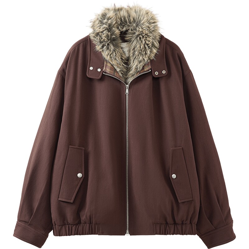 播冬季复古可拆卸毛领宽松短款工装夹克羽绒服女DDS4RD5264