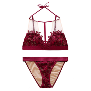 性感蕾丝挂脖文胸套装薄款法式本命年酒红色结婚系带内衣女无钢圈