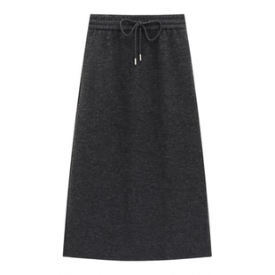Basic House/百家好高腰毛呢A字半身裙女秋冬纯色抽绳中长款裙子