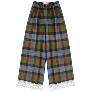 ziziFei秋冬美式复古高腰显瘦设计感蓝绿格子蕾丝拼接休闲长裤女