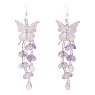 IPINK原创梦幻蝴蝶925银耳环耳夹长款紫色花朵流苏2025新款夏季