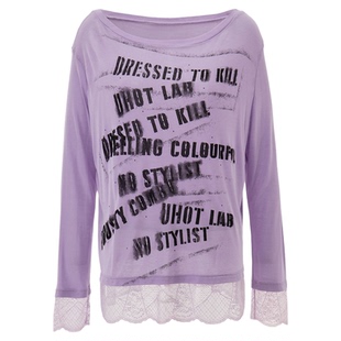 uhot/诱货26春紫色拼接蕾丝元素T恤街头风印花长袖上衣 UWLS3T072