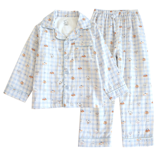 2026新款儿童春夏薄款纯棉双层纱布睡衣套男童全棉卡通日系家居服