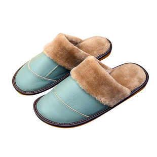 海宁冬季牛油果绿真皮棉拖鞋室内防滑厚底保暖情侣女居家用女冬天