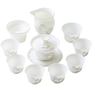 薄胎冰种玉瓷功夫茶具套装浮雕鎏银盖碗马年礼品装高档送领导长辈