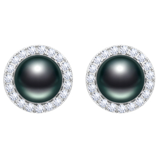 黛米珠宝 晚意 8-9mm圆形大溪地黑珍珠耳钉海水耳环S925银正品