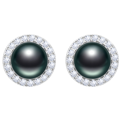 黛米珠宝 晚意 8-9mm圆形大溪地黑珍珠耳钉海水耳环S925银正品