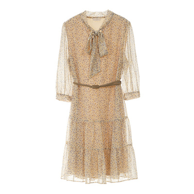 SOMSOM/索玛秋季七分袖连衣裙女中长款印花长袖气质雪纺蛋糕裙子